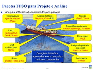 Pacotes FPSO para Projeto e Análise
    Principais softwares disponibilizados nos pacotes
        Hidrodinâmica                                         Análise de Risco                       Topside
       HydroD, Wadam,                                        Neptune, Orbit (RBI)                  GeniE, Xtract
            Wajac

                                                                                        Escantilhões principais
                                                                                      Section Scantlings, 3D Beam
          Casco
       Nauticus Hull,
       GeniE, Presel                                                                                Flambagem
                                                                                                       PULS

           Turret                                                                             Fadiga simplificada,
         Análise local                                                                             espectral
           GeniE                                                                               Nauticus, Stofat
                                                              Soluções testadas,
                                                           aprovadas e em uso pelas
             Risers                                                                                Ancoragem
        DeepC, Riflex, Simo
                                                             maiores companhias                     Mimosa


© Det Norske Veritas Ltda. Todos os direitos reservados.               Slide 13
 