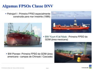 Algumas FPSOs Classe DNV
          Petrojarl I : Primeira FPSO especialmente
                 construída para mar irrestrito (1986)




                                                            BW Yùum K’ak’Náab : Primeira FPSO do
                                                             GOM (área mexicana)




           BW Pioneer: Primeira FPSO do GOM (área
           americana – campos de Chinook / Cascade)



© Det Norske Veritas Ltda. Todos os direitos reservados.     Slide 3
 