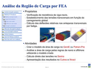 Análise da Região de Carga por FEA
                                                      Propósitos
                                                           - Verificação da resistência da viga-navio.
                                                           - Estabelecimento das tensões transversais em função do
                                                             carregamento global.
                                                           - Cálculo das deflexões relativas nas anteparas transversais
                                                             por fadiga.




                                                      Atividades
                                                           - Criar o modelo da área de carga no GeniE ou Patran-Pre
                                                           - Análise a área de carga pelas regras de navio e offshore
                                                             utilizando o modelo criado
                                                           - Cálculo direto das tensões no Sestra
                                                           - Apresentação dos resultados no Cutres e Xtract


© Det Norske Veritas Ltda. Todos os direitos reservados.                      Slide 32
 