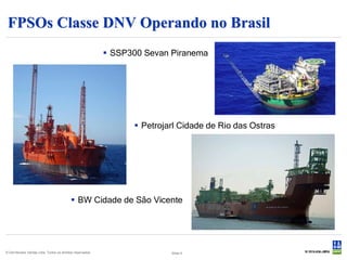 FPSOs Classe DNV Operando no Brasil
                                                            SSP300 Sevan Piranema




                                                                  Petrojarl Cidade de Rio das Ostras




                                           BW Cidade de São Vicente




© Det Norske Veritas Ltda. Todos os direitos reservados.                  Slide 4
 