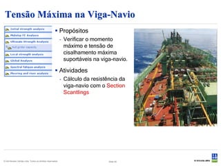 Tensão Máxima na Viga-Navio
                                                     Propósitos
                                                           - Verificar o momento
                                                             máximo e tensão de
                                                             cisalhamento máxima
                                                             suportáveis na viga-navio.

                                                     Atividades
                                                           - Cálculo da resistência da
                                                             viga-navio com o Section
                                                             Scantlings




© Det Norske Veritas Ltda. Todos os direitos reservados.                       Slide 40
 