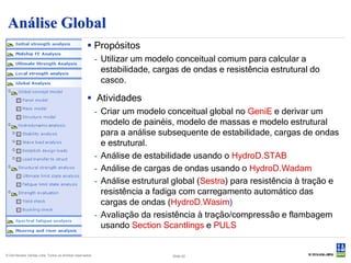 Análise Global
                                                     Propósitos
                                                           - Utilizar um modelo conceitual comum para calcular a
                                                             estabilidade, cargas de ondas e resistência estrutural do
                                                             casco.

                                                     Atividades
                                                           - Criar um modelo conceitual global no GeniE e derivar um
                                                             modelo de painéis, modelo de massas e modelo estrutural
                                                             para a análise subsequente de estabilidade, cargas de ondas
                                                             e estrutural.
                                                           - Análise de estabilidade usando o HydroD.STAB
                                                           - Análise de cargas de ondas usando o HydroD.Wadam
                                                           - Análise estrutural global (Sestra) para resistência à tração e
                                                             resistência a fadiga com carregamento automático das
                                                             cargas de ondas (HydroD.Wasim)
                                                           - Avaliação da resistência à tração/compressão e flambagem
                                                             usando Section Scantlings e PULS


© Det Norske Veritas Ltda. Todos os direitos reservados.                       Slide 42
 