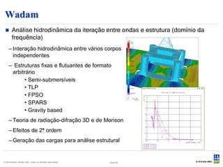 Wadam
       Análise hidrodinâmica da iteração entre ondas e estrutura (domínio da
        frequência)
     – Interação hidrodinâmica entre vários corpos
       independentes
     – Estruturas fixas e flutuantes de formato
      arbitrário
           • Semi-submersíveis
           • TLP
           • FPSO
           • SPARS
           • Gravity based
     – Teoria de radiação-difração 3D e de Morison
     – Efeitos de 2ª ordem
     – Geração das cargas para análise estrutural


© Det Norske Veritas Ltda. Todos os direitos reservados.   Slide 48
 
