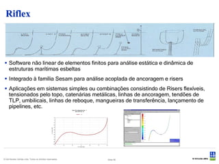 Riflex



 Software não linear de elementos finitos para análise estática e dinâmica de
  estruturas marítimas esbeltas
 Integrado à família Sesam para análise acoplada de ancoragem e risers
 Aplicações em sistemas simples ou combinações consistindo de Risers flexíveis,
  tensionados pelo topo, catenárias metálicas, linhas de ancoragem, tendões de
  TLP, umbilicais, linhas de reboque, mangueiras de transferência, lançamento de
  pipelines, etc.




© Det Norske Veritas Ltda. Todos os direitos reservados.   Slide 56
 