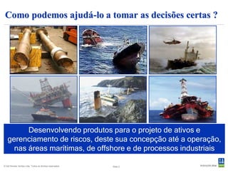 DNV Software



   DNV Software é uma das unidades da DNV, atuando como sua “softwarehouse”
    comercial, servindo mais de 3.500 usuários nas áreas marítimas, offshore de
    indústrias de processo.
   DNV Software tem mais de 300 funcionários dedicados ao desenvolvimento, testes,
    suporte e comercialização de suas soluções.
   DNV Software é estabelecida em 12 dos 300 escritórios da DNV : Oslo e,
    Stavanger (Noruega), Londres e Glasgow (UK), Houston, Shanghai e Beijing
    (China), Singapore, Pusan (Korea), Rio de Janeiro, Mumbai (India) e Dubai (UAE)
   Mais de 50 anos de experiência no desenvolvimento de software de qualidade
    baseado no conhecimento e perícia da DNV.



© Det Norske Veritas Ltda. Todos os direitos reservados.   Slide 2
 