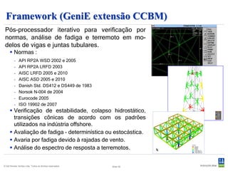 Platework (GeniE extensão CCPL)
 Pós-processador iterativo para projeto de
 painéis de aço reforçados e verificação
 pelas normas.
       API, DNV, NPD para deformação e flamba-
        gem no painel e reforços.
       API para flambagem uniaxial e ortogonal
        em painéis reforçados.                                                                                  over-utilised

       As cargas podem ser imputadas manual-
        mente ou combinadas com extração auto-
        mática de resultados do FEA.
       Espessura e material do painel podem ser                      Examplo de apresentação de resultados
                                                                                     capacity model
        alterados.
       Idealização para painéis não retangulares.

                                                                                                       stiffeners
                                                                      girder



© Det Norske Veritas Ltda. Todos os direitos reservados.   Slide 28
 