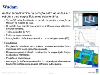 Wasim
 Análise hidrodinâmica de embarcações com velocidade não nula.
  Teoria de radiação-refração 3D por Rankine e Morison.
  Solução no domínio do tempo com transferência para o
   domínio da frequência.
  Velocidade de avanço ilimitada (sem planagem).
  Análise linear e não linear, com ondas de Stokes
   de 5ª ordem.
  Formas arbitrárias de casco.
  Água no convés. Elevação da onda.
   Sloshing.
  Formulação de pressão de impacto.
  Estado de mar irregular, regular ou calmo.



© Det Norske Veritas Ltda. Todos os direitos reservados.   Slide 39
 