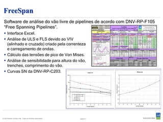 Pipeline Engineering Tools
 PET é um software de análise de projeto preliminar de pipelines, cobrindo
 diferentes aspectos do projeto.
     Interface Excel.
     Verificação da norma DNV-OS-F101.
     Cálculo da masse e volume.
     Expansão das extremidades durante a operação
      e testes.
     Flambagem.
     Estabilidade
     Fadiga
     Restrições e características do carretel.
     Tensões, curvatura e momento, distância do ponto de contato à unidade, cálculo da
      catenária, etc., para instalações em J-Lay e S-Lay.
     Proteção catódica.




© Det Norske Veritas Ltda. Todos os direitos reservados.   Slide 52
 