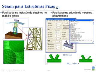 Sesam para Estruturas Flutuantes (1)
  Da modelagem à fadiga estocástica
      - Modelos de vigas e cascas.
      - Análise hidrostática incluindo verificação de estabilidade por
        várias normas.
      - Análise hidrodinâmica (linear e não linear).
      - Análise estrutural linear de tamanho ilimitado.
      - Code check de flambagem de chapas e vigas.
      - Análise de fadiga de cascas e reforços.
      - Análise de ancoragem.
      - Operações marítimas.
      - Projeto inicial de FPSOs.
      - Análise da região de carga e análise direta.




© Det Norske Veritas Ltda. Todos os direitos reservados.   Slide 9
 
