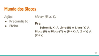 Mundo dos Blocos
Ação:
● Precondição
● Efeito
28
Mover (B, X, Y):
Pre:
Sobre (B, X) ∧ Livre (B) ∧ Livre (Y) ∧
Bloco (B) ∧ Bloco (Y) ∧ (B ≠ X) ∧ (B ≠ Y) ∧
(X ≠ Y)
 