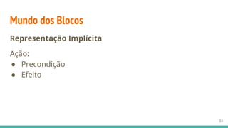 Mundo dos Blocos
Representação Implícita
Ação:
● Precondição
● Efeito
33
 