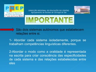 DIRECÇÃO REGIONAL DE EDUCAÇÃO DO CENTRO Agrupamento de Escolas de Carregal do Sal 1- Abordar cada sistema isoladamente, porque se trabalham competências linguísticas diferentes. 2-Abordar o modo como a oralidade é representada na escrita para criar consciência das especificidades de cada sistema e das relações estabelecidas entre eles São dois sistemas autónomos que estabelecem relações entre si. 