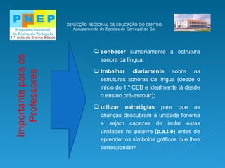 DIRECÇÃO REGIONAL DE EDUCAÇÃO DO CENTRO Agrupamento de Escolas de Carregal do Sal conhecer  sumariamente a estrutura sonora da língua; trabalhar diariamente  sobre as estruturas sonoras da língua (desde o início do 1.º CEB e idealmente já desde o ensino pré-escolar); utilizar estratégias  para que as crianças descubram a unidade fonema e sejam capazes de isolar estas unidades na palavra  (p.a.t.o)  antes de aprender os símbolos gráficos que lhes correspondem 