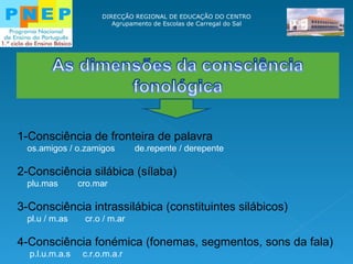 DIRECÇÃO REGIONAL DE EDUCAÇÃO DO CENTRO Agrupamento de Escolas de Carregal do Sal 1-Consciência de fronteira de palavra os.amigos / o.zamigos  de.repente / derepente 2-Consciência silábica (sílaba) plu.mas  cro.mar 3-Consciência intrassilábica (constituintes silábicos) pl.u / m.as  cr.o / m.ar 4-Consciência fonémica (fonemas, segmentos, sons da fala) p.l.u.m.a.s  c.r.o.m.a.r  