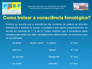 DIRECÇÃO REGIONAL DE EDUCAÇÃO DO CENTRO Agrupamento de Escolas de Carregal do Sal Embora se assuma que a consciência das fronteiras de palavra se encontra estabilizada à entrada na escola, a verdade é que alguns comportamentos de escrita em meninos do 1.º e do 2.º Ciclos mostram que a consciência desta unidade pode ainda não estar completamente desenvolvida nos primeiros anos de escolaridade. os olhos  escrito como  “o zolhos”  2.º ano salvou-a  “salvoa”  4.º ano de repente  “derepente”  6.º ano de molho  “demolho”  6.º ano 