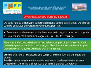 DIRECÇÃO REGIONAL DE EDUCAÇÃO DO CENTRO Agrupamento de Escolas de Carregal do Sal ORGANIZAÇÃO DOS SONS EM SÍLABAS  Os sons não se organizam de forma aleatória dentro das sílabas. De acordo com os princípios universais o Português,  permite: Zero, uma ou duas consoantes à esquerda da vogal –  a  to  ra  to e  pr ato Uma consoante à direita da vogal  -  al . to  f ar .to  m us .go Alguns grupos consonânticos - a ft a , a dm irado,  ps icologia, a bs urdo – são pouco frequentes no léxico das crianças. Revelam-se frequentemente pro-blemático em situações de leitura oral e na escrita. Leitura oral:  gera hesitações que comprometem a fluência da leitura do aluno. Escrita:  encontramos muitas vezes uma vogal gráfica (e) entre as duas consoantes, de forma a simplificar a estrutura silábica da palavra. 