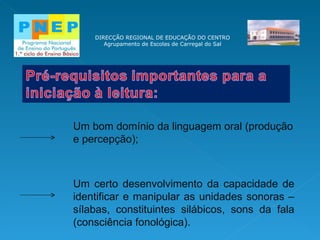 DIRECÇÃO REGIONAL DE EDUCAÇÃO DO CENTRO Agrupamento de Escolas de Carregal do Sal Um bom domínio da linguagem oral (produção e percepção); Um certo desenvolvimento da capacidade de identificar e manipular as unidades sonoras – sílabas, constituintes silábicos, sons da fala (consciência fonológica).  