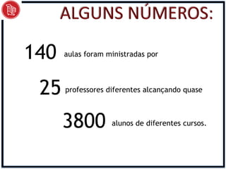 140   aulas foram ministradas por




 25   professores diferentes alcançando quase



      3800         alunos de diferentes cursos.
 