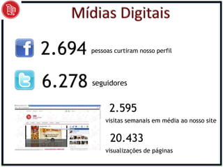2.694   pessoas curtiram nosso perfil




6.278   seguidores


              2.595
             visitas semanais em média ao nosso site


              20.433
             visualizações de páginas
 