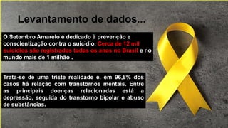 Levantamento de dados...
O Setembro Amarelo é dedicado à prevenção e
conscientização contra o suicídio. Cerca de 12 mil
suicídios são registrados todos os anos no Brasil e no
mundo mais de 1 milhão .
Trata-se de uma triste realidade e, em 96,8% dos
casos há relação com transtornos mentais. Entre
as principais doenças relacionadas está a
depressão, seguida do transtorno bipolar e abuso
de substâncias.
 