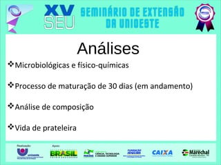 Análises
Microbiológicas e físico-químicas
Processo de maturação de 30 dias (em andamento)
Análise de composição
Vida de prateleira
 