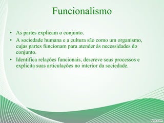 Funcionalismo As partes explicam o conjunto. A sociedade humana e a cultura são como um organismo, cujas partes funcionam para atender às necessidades do conjunto. Identifica relações funcionais, descreve seus processos e explicita suas articulações no interior da sociedade. 
