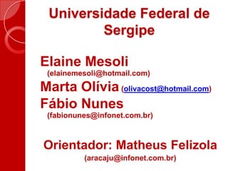 Universidade Federal de SergipeElaine Mesoli (elainemesoli@hotmail.com)Marta Olívia(olivacost@hotmail.com)Fábio Nunes (fabionunes@infonet.com.br)Orientador: Matheus Felizola(aracaju@infonet.com.br)