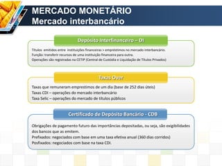 MERCADO MONETÁRIO
Mercado interbancário
Depósito Interfinanceiro – DI
Taxas Over
Certificado de Depósito Bancário - CDB
Títulos emitidos entre instituições financeiras > empréstimos no mercado interbancário.
Função: transferir recursos de uma instituição financeira para outra.
Operações são registradas na CETIP (Central de Custódia e Liquidação de Títulos Privados)
Obrigações de pagamento futuro das importâncias depositadas, ou seja, são exigibilidades
dos bancos que as emitem.
Prefixados: negociados com base em uma taxa efetiva anual (360 dias corridos)
Posfixados: negociados com base na taxa CDI.
Taxas que remuneram emprestimos de um dia (base de 252 dias úteis)
Taxas CDI – operações do mercado interbancário
Taxa Selic – operações do mercado de títulos públicos
 