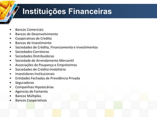Instituições Financeiras
• Bancos Comerciais
• Bancos de Desenvolvimento
• Cooperativas de Crédito
• Bancos de Investimento
• Sociedades de Crédito, Financiamento e Investimentos
• Sociedades Corretoras
• Sociedades Distribuidoras
• Sociedade de Arrendamento Mercantil
• Associações de Poupança e Empréstimos
• Sociedades de Crédito Imobiliário
• Investidores Institucionais
• Entidades Fechadas de Previdência Privada
• Seguradoras
• Companhias Hipotecárias
• Agencias de Fomento
• Bancos Múltiplos
• Bancos Cooperativos
 