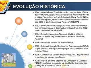 • 1944: são criados o “Fundo Monetário Internacional (FMI) e o
Banco Mundial, resultado da Conferência de Bretton Woods,
em New Hampshire, sob a influência de Harry Dexter White,
secretário-adjunto para Assuntos Internacionais do Tesouro
dos EUA, e de John Maynard Keynes.” (FREITAS).
• 1952: BNDE: financiar a longo prazo os empreendimentos
que contribuam para o desenvolvimento do País. Em 1982
mudou de BNDE para BNDES.
• 1964: Conselho Monetário Nacional (CMN) e o Banco
Central do Brasil, regulamentando o Sistema Financeiro
Nacional.
• 1966: nascem os bancos de investimentos.
• 1969: Sistema Integrado Regional de Compensação (SIRC),
o qual permitiu a integração de praças localizadas em uma
mesma região.
• 1976: Comissão de Valores Mobiliários (CVM): regulamentar
o mercado de valores mobiliários.
• 1979: surge o Sistema Especial de Liquidação e Custódia
(SELIC): realizava a custódia e a liquidação financeira das
operações envolvendo títulos públicos.
EVOLUÇÃO HISTÓRICA
 