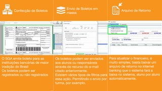 O SGA emite boleto para as
instituições bancárias de maior
tradição do Brasil
Os boletos podem ser
registrados ou não registrados
Os boletos podem ser enviados
aos alunos ou responsáveis
através do recurso do e-mail
citado anteriormente.
Existem vários tipos de filtros para
essa ação. Permitindo o envio por
turma, por exemplo.
Confecção de Boletos
Envio de Boletos em
massa
Arquivo de Retorno
Para atualizar o financeiro, é
muito simples, basta baixar um
arquivo de retorno no internet
banking que o sistema fará a
baixa no sistema, aluno por aluno
automaticamente.
 