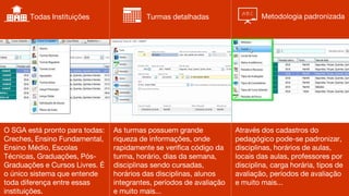 O SGA está pronto para todas:
Creches, Ensino Fundamental,
Ensino Médio, Escolas
Técnicas, Graduações, Pós-
Graduações e Cursos Livres. É
o único sistema que entende
toda diferença entre essas
instituições.
Todas Instituições Turmas detalhadas Metodologia padronizada
Através dos cadastros do
pedagógico pode-se padronizar,
disciplinas, horários de aulas,
locais das aulas, professores por
disciplina, carga horária, tipos de
avaliação, períodos de avaliação
e muito mais...
As turmas possuem grande
riqueza de informações, onde
rapidamente se verifica código da
turma, horário, dias da semana,
disciplinas sendo cursadas,
horários das disciplinas, alunos
integrantes, períodos de avaliação
e muito mais...
 