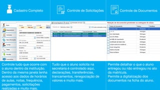 Controle tudo que ocorre com
o aluno dentro da instituição.
Dentro da mesma janela tenha
acesso aos dados de horários
de aulas, notas, frequência,
pagamentos, solicitações
realizadas e muito mais.
Tudo que o aluno solicita na
secretaria é controlado aqui,
declarações, transferências,
trancamentos, renegociação de
valores e muito mais.
Cadastro Completo Controle de Solicitações Controle de Documentos
Permite detalhar o que o aluno
entregou ou não entregou no ato
da matrícula.
Permite a digitalização dos
documentos na ficha do aluno.
 