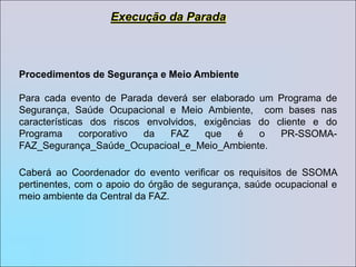 SUMÁRIO1-   OBJETIVO2-   DEFINIÇÕES3-   RETIRADA DE MATERIAIS DO ALMOXARIFADO OU FERRAMENTARIA3.1-  Requisição (sem retorno).3.2-  Empréstimo e devolução4-   DESTINAÇÃO DE MATERIAIS INSERVÍVES5-   SAÍDA DE MATERIAIS SEM RETORNO.6-   SAÍDA DE MATERIAIS COM RETORNO.7-   MOBIIZAÇÃO DE MATERIAIS PARA EVENTOS.7.1-  Forma de obtenção7.2-  Compra ou Locação7.3-  Movimentação dos Materiais7.4-  Recebimento dos Materiais no Canteiro de Obras8-   DESMOBIIZAÇÃO DE RECURSOS MATERIAIS DE EVENTOS.9- RESSARCIMENTO RESULTANTE DE DANOS OU MULTAS10- EMISSÃO E QUITAÇÃO DE MOVIMENTAÇÃO DE MATERIAIS