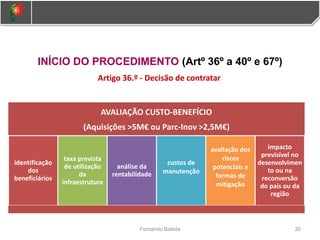 INÍCIO DO PROCEDIMENTO (Artº 36º a 40º e 67º)
30
Fernando Batista
Artigo 36.º - Decisão de contratar
AVALIAÇÃO CUSTO-BENEFÍCIO
(Aquisições >5M€ ou Parc-Inov >2,5M€)
identificação
dos
beneficiários
taxa prevista
de utilização
da
infraestrutura
análise da
rentabilidade
custos de
manutenção
avaliação dos
riscos
potenciais e
formas de
mitigação
impacto
previsível no
desenvolvimen
to ou na
reconversão
do país ou da
região
 