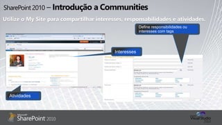 Utilize o My Site para compartilhar interesses, responsabilidades e atividades.
Pre-Beta Screenshot.
 