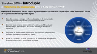 A Plataforma de Colaboração para o Corporativo e Web
O Microsoft SharePoint Server 2010 é a plataforma de colaboração corporativa. Use o SharePoint Server
2010 para executar as seguintes ações:
Conectar pessoas a colegas e informações através de comunidades
para que possam compartilhar conhecimentos e ideias.
Gerenciar e administrar o conteúdo corporativo, equilibrando, ao
mesmo tempo, a experiência do usuário em relação a diretivas e
processos.
Responder às necessidades corporativas em constante transformação
tomando decisões controladas por dados.
Ajudar os usuários a localizar o conteúdo, as informações e as pessoas
de que precisam com a pesquisa de empresa.
 