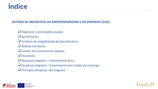 Índice
SISTEMA DE INCENTIVOS AO EMPREENDORISMO E AO EMPREGO (SI2E):
 Objetivos e prioridades visadas
 Beneficiários
 Critérios de elegibilidade dos beneficiários
 Âmbito territorial
 Limites de investimento elegível
 Incentivos
 Despesas elegíveis – Investimento físico
 Despesas elegíveis – Investimento em criação de emprego
 Principais despesas não elegíveis
 