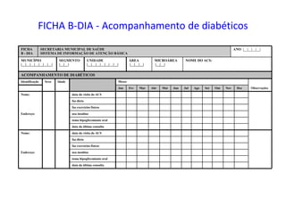 FICHA B-DIA - Acompanhamento de diabéticos
NOME DO ACS:MICROÁREA
|__|__|
ÁREA
|__|__|__|
UNIDADE
|__|__|__|__|__|__|__|
SEGMENTO
|__|__|
MUNICÍPIO
|__|__|__|__|__|__|__|
ANO |__|__|__|__|SECRETARIA MUNICIPAL DE SAÚDE
SISTEMA DE INFORMAÇÃO DE ATENÇÃO BÁSICA
FICHA
B - DIA
ACOMPANHAMENTO DE DIABÉTICOS
data da última consulta
toma hipoglicemiante oral
usa insulinaEndereço:
faz exercícios físicos
faz dieta
data da visita do ACSNome:
data da última consulta
toma hipoglicemiante oral
usa insulinaEndereço:
faz exercícios físicos
faz dieta
data da visita do ACSNome:
ObservaçõesDezNovOutSetAgoJulJunMaiAbrMarFevJan
MesesIdadeSexoIdentificação
 