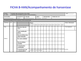 FICHA B-HAN/Acompanhamento de hanseníase
Comunicantes que
receberão BCG
Comunicantes
examinados
Data da última
consulta
Faz auto-cuidadosEndereço
Data da última dose
supervisionada
Toma medicação
diária
Nº de Comunicantes
Data da visita do
ACS
Nome
DezNovOutSetAgoJulJunMaiAbrMarFevJan
Outras InformaçõesMesesIdadeSexoIdentificação
ACOMPANHAMENTO DE PESSOAS COM HANSENÍASE
NOME DO ACS:MICROÁREA
|__|__|
ÁREA
|__|__|__|
UNIDADE
|__|__|__|__|__|__|__|
SEGMENTO
|__|__|
MUNICÍPIO
|__|__|__|__|__|__|__|
ANO |__|__|__|__|SECRETARIA MUNICIPAL DE SAÚDE
SISTEMA DE INFORMAÇÃO DE ATENÇÃO BÁSICA
FICHA
B - HAN
o número total de comunicantes que receberam a 2ª dose de vacina BCG (com comprovante) nos meses
anteriores e no mês de referência.
 