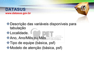 DATASUS www.datasus.gov.br Descrição das variáveis disponíveis para tabulação Localidade.  Ano, Ano/Mês ou Mês  Tipo de equipe (básica, psf) Modelo de atenção (básica, psf) 
