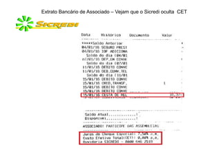 Extrato Bancário de Associado – Vejam que o Sicredi oculta CET
 
