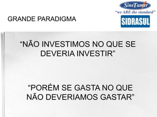 GRANDE PARADIGMA
“NÃO INVESTIMOS NO QUE SE
DEVERIA INVESTIR”
“PORÉM SE GASTA NO QUE
NÃO DEVERIAMOS GASTAR”
 