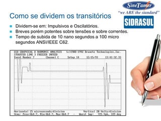  Dividem-se em: Impulsivos e Oscilatórios.
 Breves porém potentes sobre tensões e sobre correntes.
 Tempo de subida de 10 nano segundos a 100 micro
segundos ANSI/IEEE C62.
Como se dividem os transitórios
 