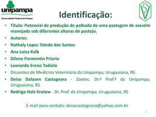 Identificação:
• Título: Potencial de produção de palhada de uma pastagem de azevém
manejada sob diferentes alturas de pastejo.
• Autores:
• Nathaly Lopes Toledo dos Santos
• Ana Luiza Kalb
• Dilene Formentin Priario
• Leonardo Ereno Tadielo
• Discentes de Medicina Veterinária da Unipampa, Uruguaiana, RS
• Deise Dalazen Castagnara - Zootec. Dr.ª Prof.ª da Unipampa,
Uruguaiana, RS
• Rodrigo Holz Krolow - Dr. Prof. da Unipampa, Uruguaiana, RS
E-mail para contato: deisecastagnara@yahoo.com.br.
2

 
