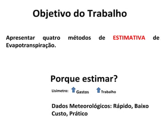 Objetivo do Trabalho Apresentar quatro métodos de  ESTIMATIVA  de Evapotranspiração. Porque estimar? Lisímetro:  Gastos Trabalho Dados Meteorológicos: Rápido, Baixo Custo, Prático  