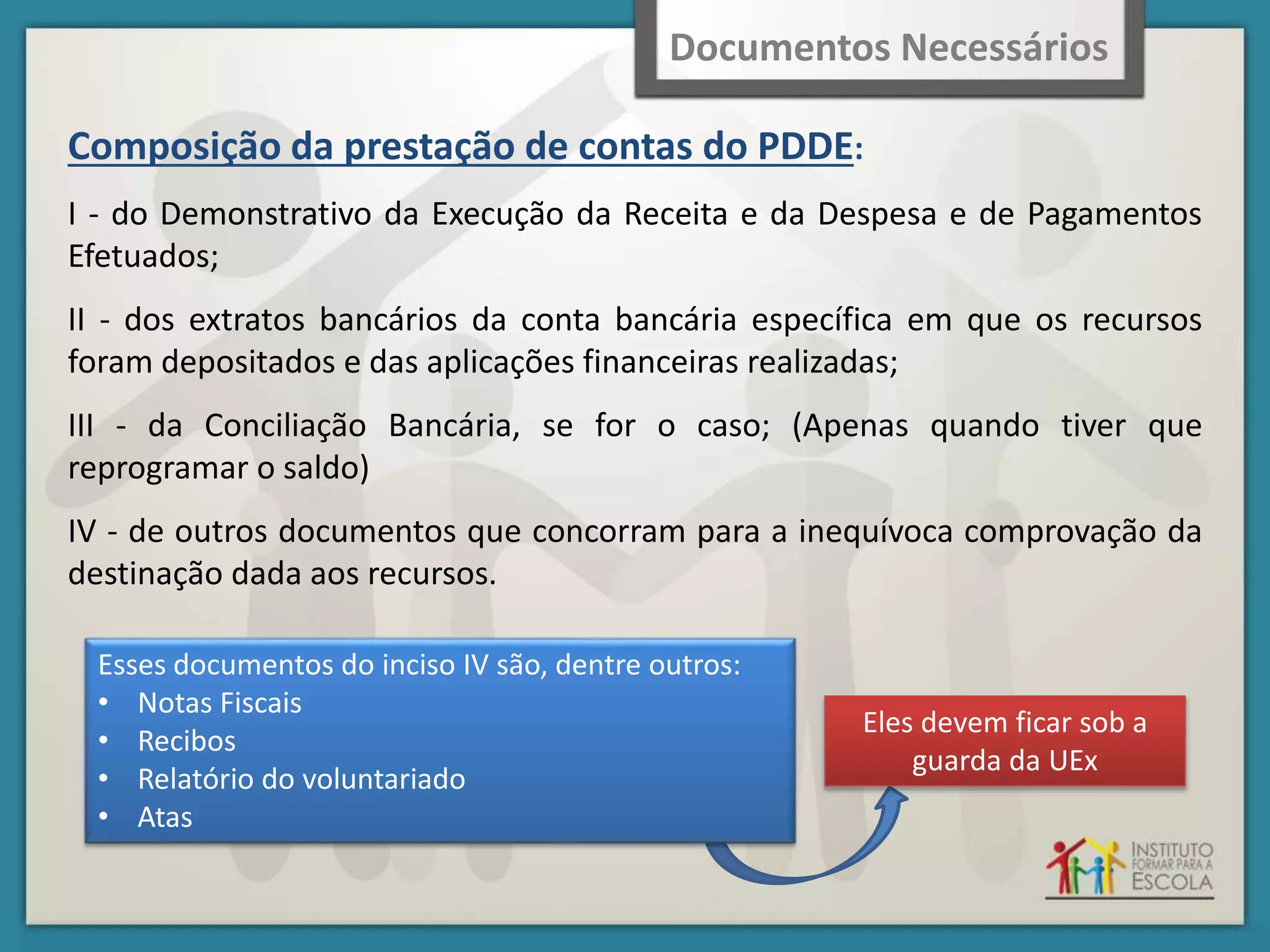 Composição da prestação de contas do PDDE:
I - do Demonstrativo da Execução da Receita e da Despesa e de Pagamentos
Efetuados;
II - dos extratos bancários da conta bancária específica em que os recursos
foram depositados e das aplicações financeiras realizadas;
III - da Conciliação Bancária, se for o caso; (Apenas quando tiver que
reprogramar o saldo)
IV - de outros documentos que concorram para a inequívoca comprovação da
destinação dada aos recursos.
Documentos Necessários
Esses documentos do inciso IV são, dentre outros:
• Notas Fiscais
• Recibos
• Relatório do voluntariado
• Atas
Eles devem ficar sob a
guarda da UEx
 
