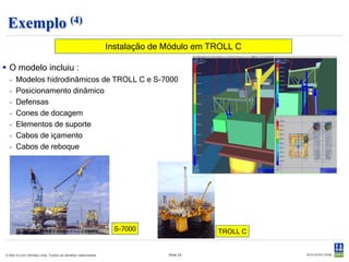 Estrutura dos Módulos
 Opera em modo DOS com módulos que se comunicam através de arquivos.



   • Descrição do                            • Condição                                                 • Plotagem
     sistema                                   inicial                                                    interativa de
                                                                                         • Geração de     resultados
   • Descrição do                            • Seleção das    • Respostas                                 (vídeo,
                                                                                           resultados
     ambiente                                  condições        no domínio                                HPGL,
                                               ambientais       do tempo                                  PostScript)
   • Descrição da
     embarcação                              • Posição de
                                               equilíbrio
                                               estático
                                                                                                        • Exportação
                                                              • Visualização                              de resultados
                                                                3D                                        (Matlab,
                                                                                                          Excel, etc.)

                                                             SimVis é desenvolvido pela
                                                             Ceetron e Marintek e
                                                             comercializado por esta última

© Det Norske Veritas Ltda. Todos os direitos reservados.             Slide 24
 