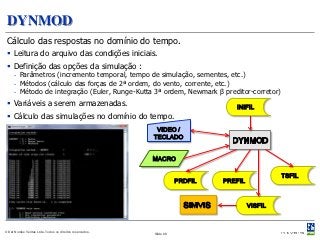DYNMOD
 Cálculo das respostas no domínio do tempo.
  Leitura do arquivo das condições iniciais.
  Definição das opções da simulação :
     - Parâmetros (incremento temporal, tempo de simulação, sementes, etc.)
     - Métodos (cálculo das forças de 2ª ordem, do vento, corrente, etc.)
     - Método de integração (Euler, Runge-Kutta 3ª ordem, Newmark β preditor-corretor)
  Variáveis a serem armazenadas.                                                 INIFIL
  Cálculo das simulações no domínio do tempo.
                                                            VIDEO /
                                                           TECLADO


                                                           MACRO

                                                                                                 TSFIL
                                                                      PRDFIL   PREFIL


                                                                                        VISFIL



© Det Norske Veritas Ltda. Todos os direitos reservados.   Slide 28
 