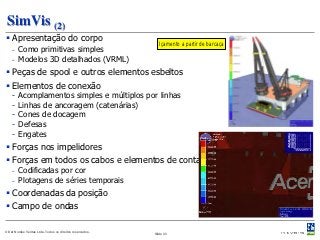 SimVis (2)
 Apresentação do corpo
                                                              Içamento a partir de barcaça
    - Como primitivas simples
    - Modelos 3D detalhados (VRML)
 Peças de spool e outros elementos esbeltos
 Elementos de conexão
    -   Acomplamentos simples e múltiplos por linhas
    -   Linhas de ancoragem (catenárias)
    -   Cones de docagem
    -   Defesas
    -   Engates
 Forças nos impelidores
 Forças em todos os cabos e elementos de contato
    - Codificadas por cor
    - Plotagens de séries temporais
 Coordenadas da posição
 Campo de ondas

© Det Norske Veritas Ltda. Todos os direitos reservados.   Slide 33
 
